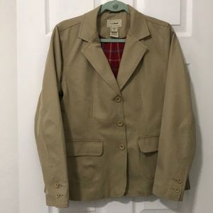 Tan LL Bean Jacket with red plaid lining